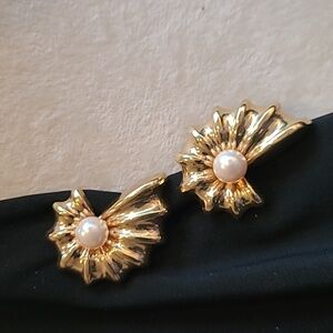 Goldtone Faux Pearl's Wing Earrings